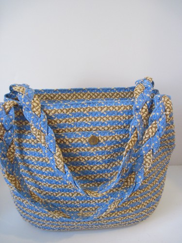 Eric Javits Blue Beige Woven Straw Canvas Summer Beach Shoulder Bag - Picture 2 of 10
