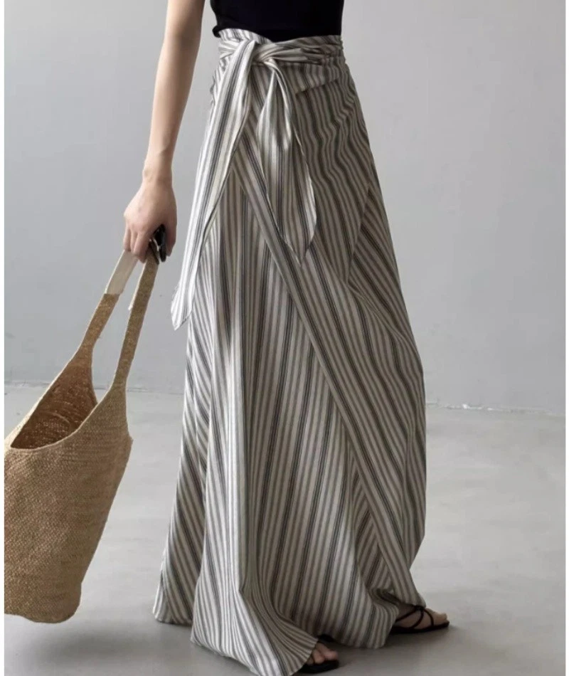 Japanese Women's Striped Cotton Linen Long Dress High Waist Pantsskirts Lace Up