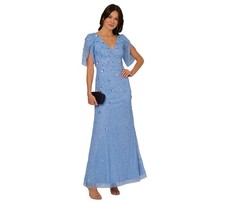 Adrianna Papell Women's V-Neck Petal-Sleeve Beaded Gown, Bluebell, Size-12