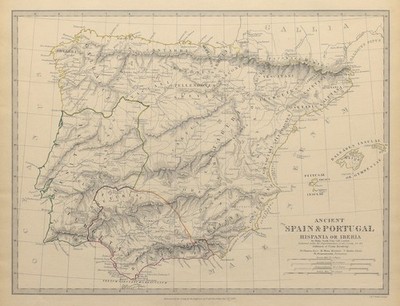 HISPANIEN IBERIEN. Altes Spanien & Portugal. Römische Namen & Straßen. SDUK 1844 Karte