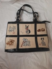 Dog Embroidered Tote Handbag Canvas Black Faux Leather Trim See Description