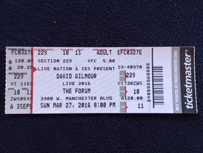David Gilmour Ticket Stub 2016 Los Angeles The Forum Pink Floyd Rattle That Lock