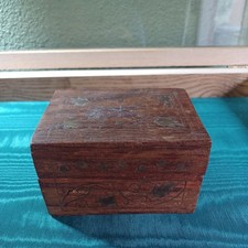 Vintage Hand Carved Wooden Trinket Box Brass Inlay Floral Mandala Jewelry India