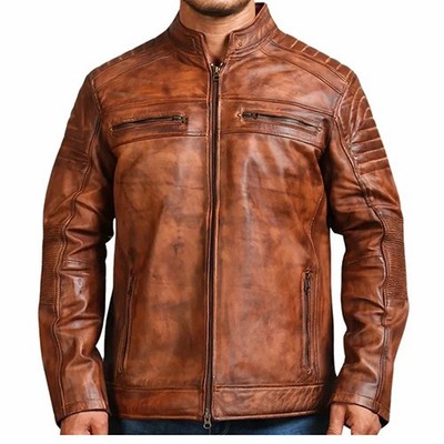 Real Leather Jacket Men s Motorcycle Vintage Cafe Racer Distressed Brown Biker