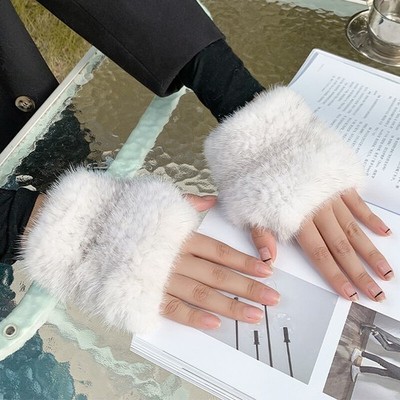 Short Fingerless Stretch Real Mink Fur Gloves Sleeves Wrist Cuffs Mittens