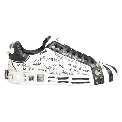 DOLCE & GABBANA Shoes White Studded Printed Low Top Sneakers
