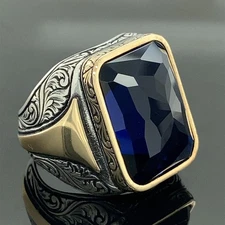 925 Silver Men's Sapphire Stone Turkish Handmade Ring