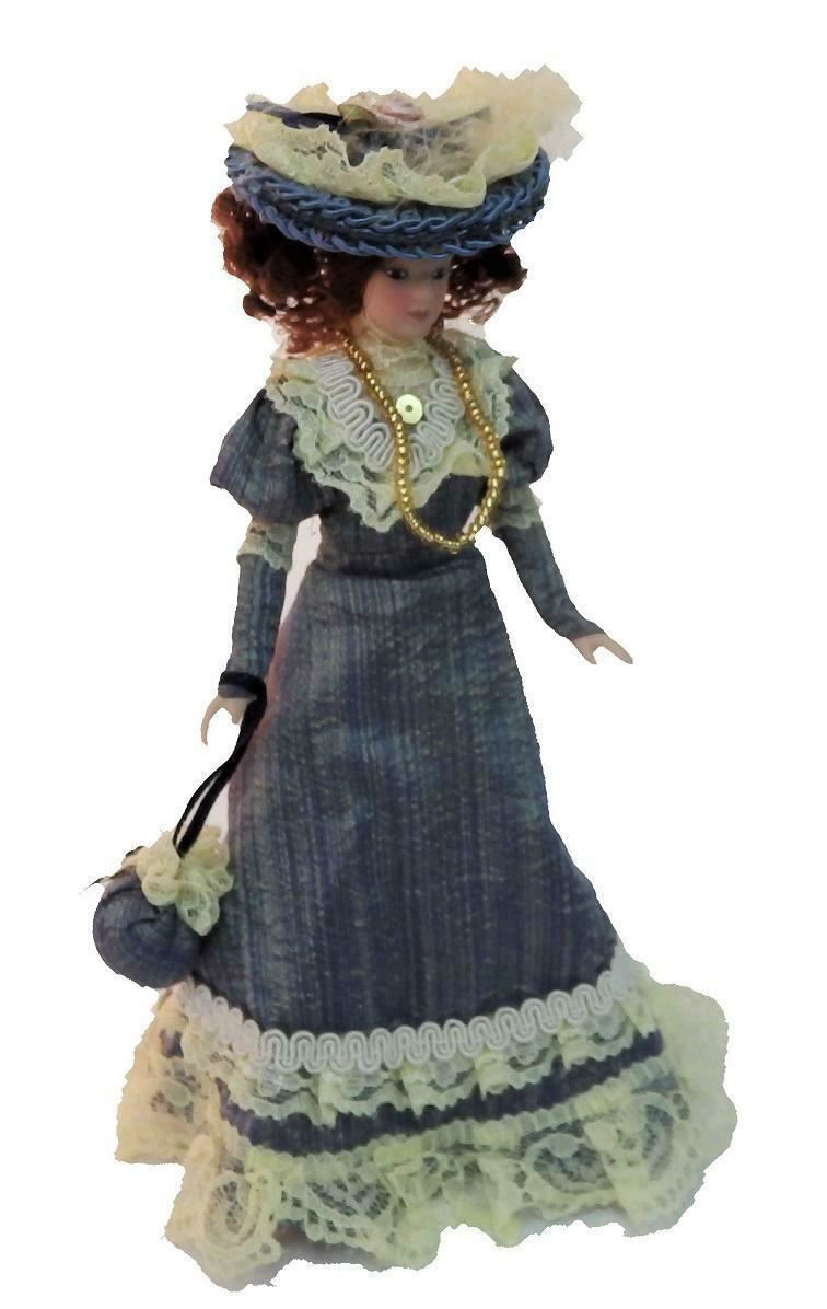 Dolls House Victorian Lady in Blue Outfit Miniature People Porcelain
