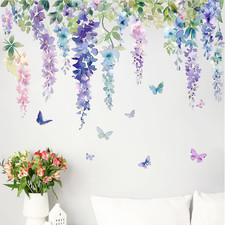 Yovkky Spring Summer Purple Flower Wall Decals Stickers, Hanging Vine Watercolor