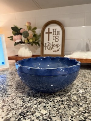 Vintage Cobalt Blue Stoneware Fluted Bowl Made In Portugal 9 Inches No Chips