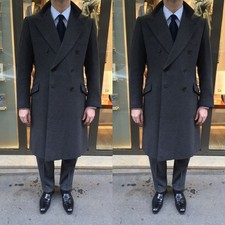 Wool Men Overcoat Double Breasted Formal Business Black Cashmere Men Long Coat