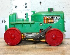 Vintage Marx Toy Diesel Wind-Up Tractor 5.5" Tin & Plastic Green With Red Tires