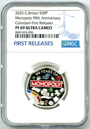2025 GREAT BRITAIN S50P SILVER PROOF NGC PF69 UCAM MONOPOLY FIRST RELEASES POP=6