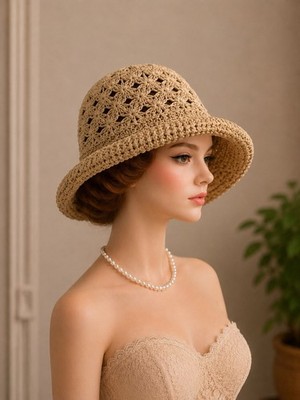 Vintage Crochet Raffia Straw Hat Floppy Brim Boho Beach Sun Hat Open Weave