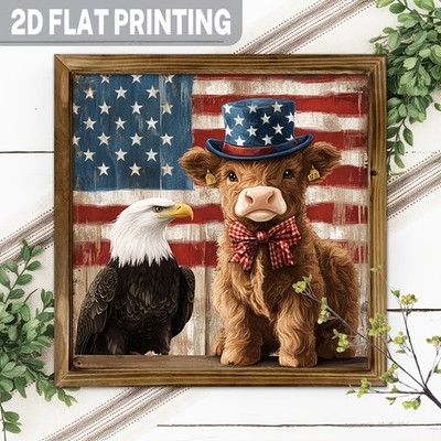 USA Flag Patriotic Highland Cow Wooden Plaque 4th Of July Bald Eagle Home Decor