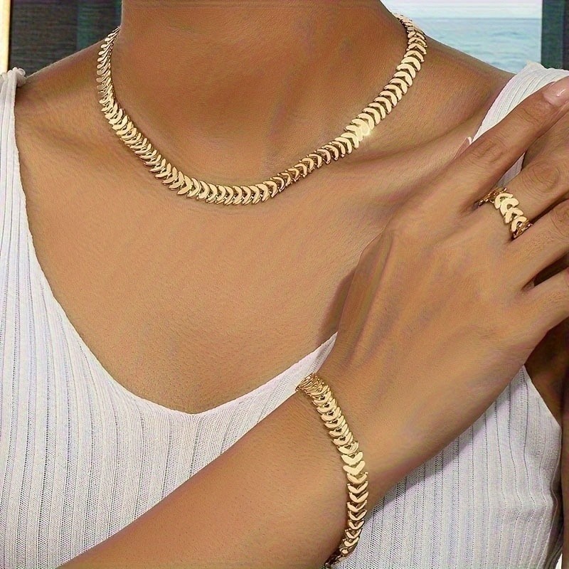 Golden Ring Bracelet Necklace Set Women's Alloy Fashion Jewelry Set Gift for Her