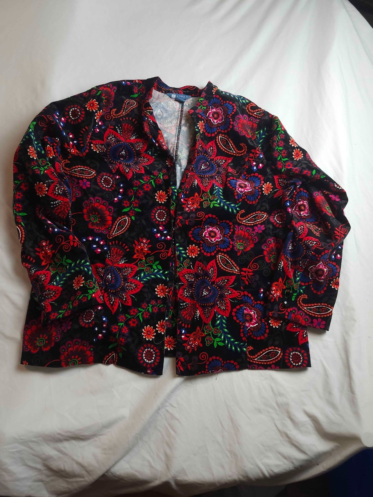 Koret Blazer Jacket Womens XL Black Red Floral Paisley Print Open Front Career