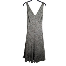 Brown Blue Floral Midi Silk Dress Sleeveless V Neck Cottagecore Size 6 0322