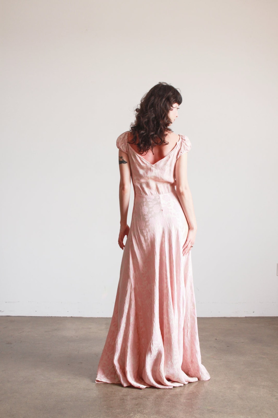 1930s Blush Pink Damask Silk Floral Jacquars Gown with Cap Puff Sleeves