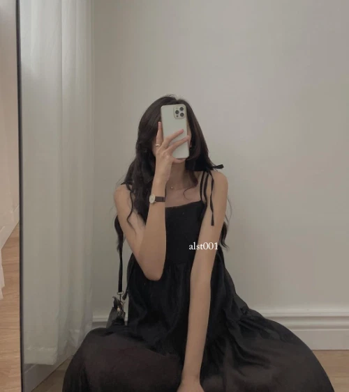 OFF WHITE Abito estivo alla moda coreana senza maniche stringhe nero casual abito midi