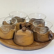 Schott Gen Jena Glas Germany Glass and Teak Wood Cups Sugar bowl and Tray Retro