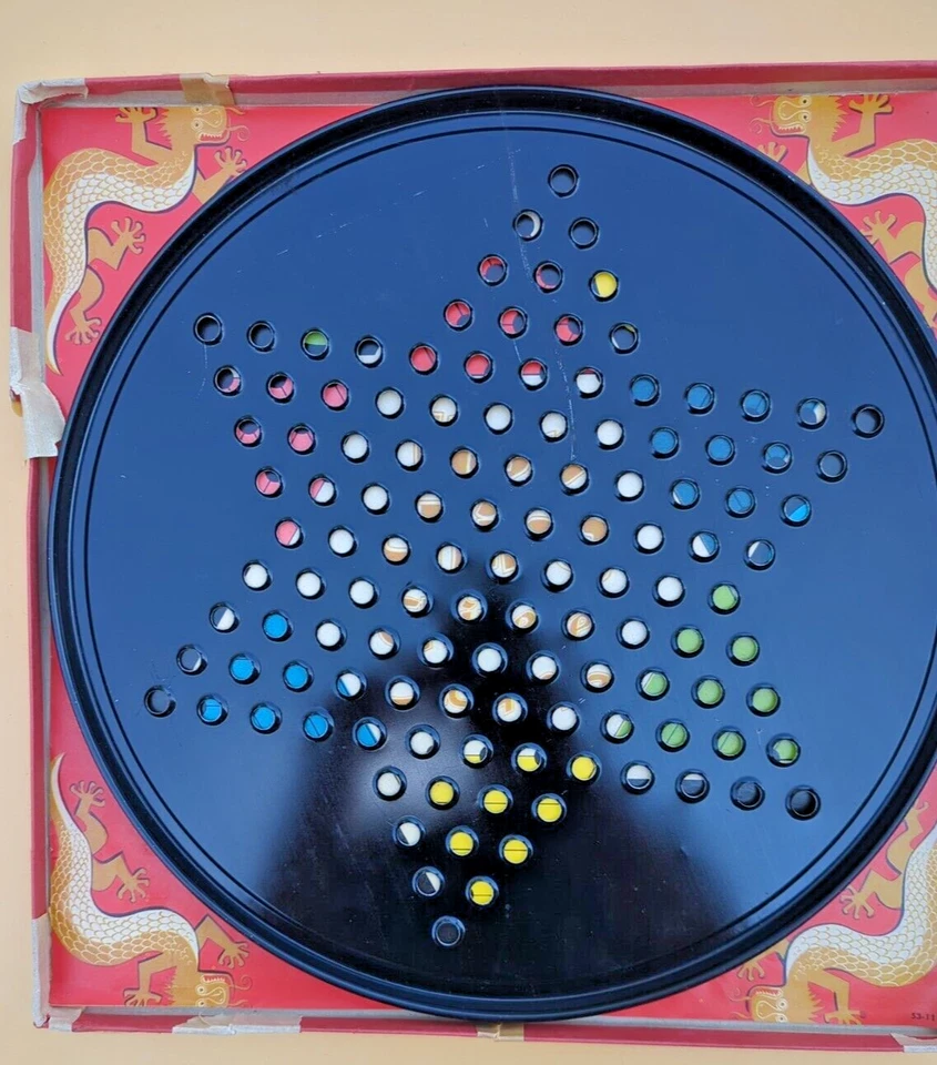 Vintage 1950's Hop Ching Chinese Checkers Tin Litho Game W/Box USA No Marbles! - Image 2 of 4