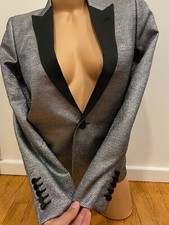 YSL Tuxedo Jacket Blazer Metallic Black Satin-Trim Size 38 US 6