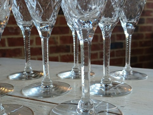 Seltenes 1930er Set 9 SENECA GOTHIC Muster geschliffenes Kristall WEINGLÄSER Glas 6" - Bild 4 von 11