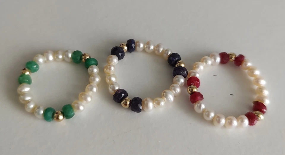 14K Gold Pearl Sapphire Ruby Emerald Stackable Rings - Image 2 of 4