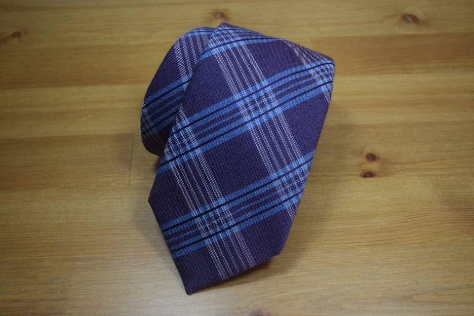 Corbata de cuello de lana de seda a rayas geométrica a cuadros azul púrpura BRIONI $440 Foto 3 de 4