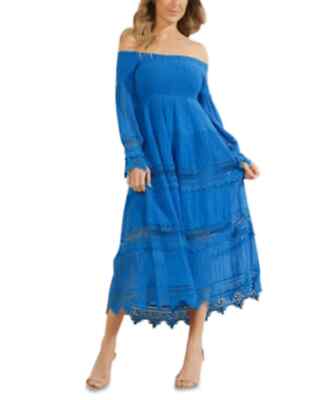 NWT $158 GUESS Amberlee Lace-Trim Off The Shoulder Dress Grecian Blue XS |  eBay