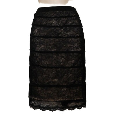 BCBG Maxazria Jocelyn Lace Skirt M Black Over Beige Lining Elastic Waist  Nylon
