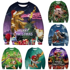Unisex Merry Christmas Dinosaur Santa Claus Sweater Ugly Pullover Top Xmas Gifts