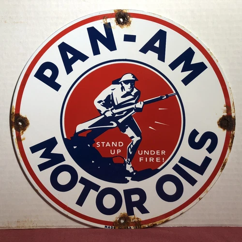VINTAGE 1931 DATED PAN-AM MOTOR OILS PORCELAIN SIGN MILITARY WAR GAS SERVICE