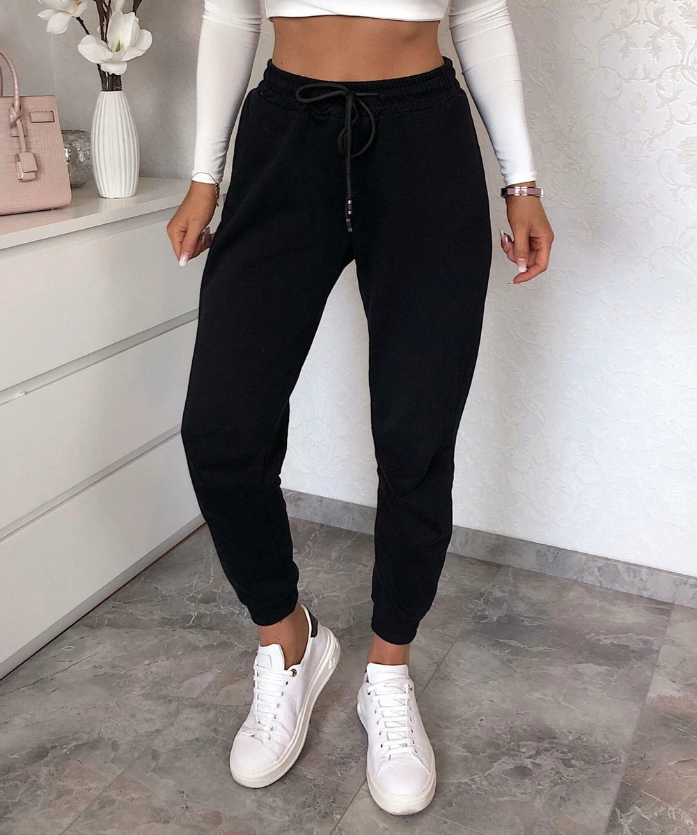 Womens High Waist Cotton Cuffed Bottom Gym Jogging Joggers Ladies