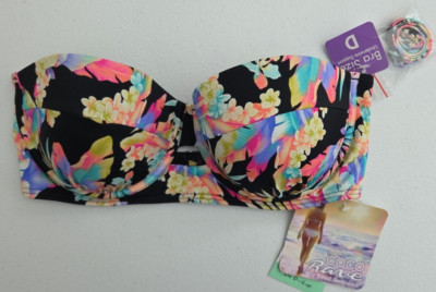 Coco Rave NWT Womens Black Floral Bikini Top Removable Straps, Size 34D