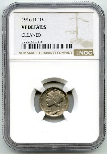 1916-D Mercury Silver Dime NGC VF Details Cleaned - Denver Mint - Q513