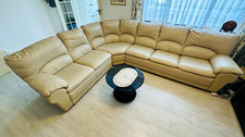Beige Leather Corner Sofa Sectional 6 Seater Padded Arms Solid 220x200cm