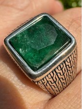 6ct Natural Green Emerald Real Gemstone Men's 925 Silver Signet Ring Size 8