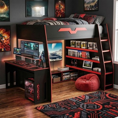 Full Size Wood Loft Bed with Desk, Multi-storage Shelves and RGB Light, Table