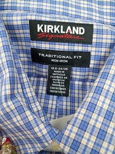 Kirkland Signature men's traditional fit non-iron dress shirt in blue and white