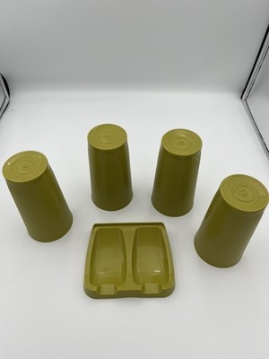 Vtg Tupperware Tumblers #873 12 oz Harvest Green Stackable Set of 4 & Spoon Rest