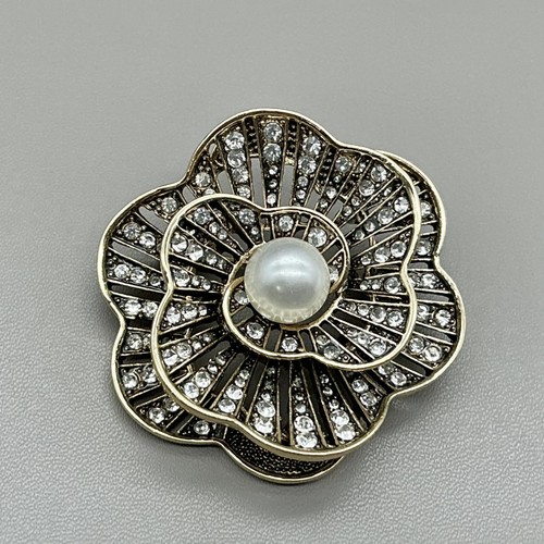 Napier Flower Brooch Pin Gold Tone Rhinestone Faux Pearl Layered Costume Jewelry