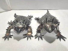 2 HAND-MADE METAL 1990"S SIGNED HORNED LIZARDS WALL HANGERS
