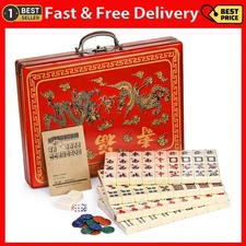 Chinese Mahjong Game Set with 146 Large Tiles(1.4", Ivory), 2 Dice and Red Ca...