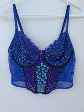 Blue Lace Beaded Sequin Corset Crop Top Bustier Festival Rave Y2K Bralette
