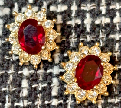 Vintage ROMAN Brand Pierced Earrings Gold Tone Faux Ruby & Rhinestone.