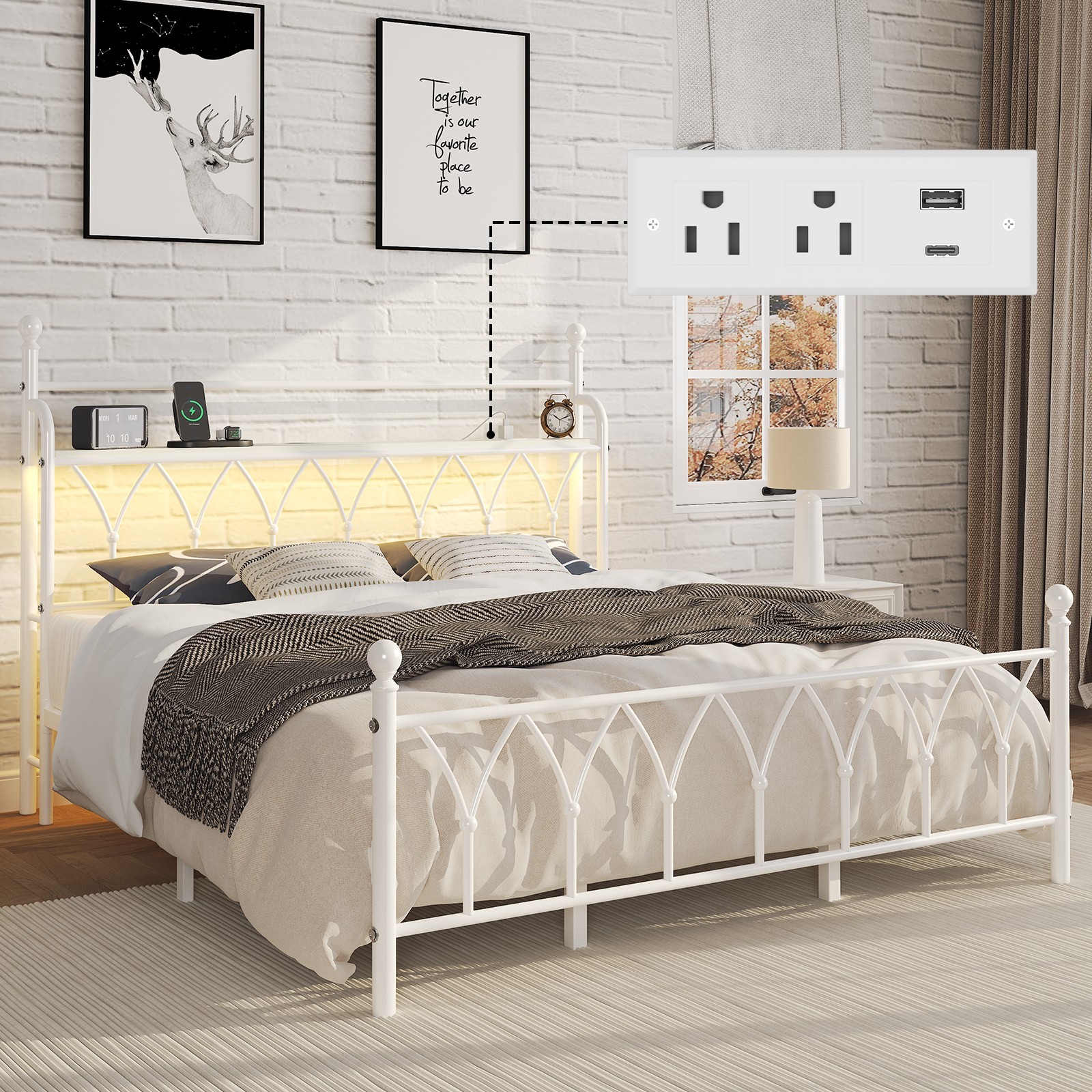 With Charging Station, Headboard Storage Space,led Lights.