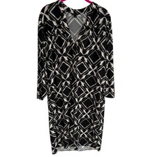 BANANA REPUBLIC White and Black Geometric Print Ladies Sheath Dress, L