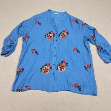 Kindred Top Womens 1x Blue Floral Embroidered Blouse Boho Cottage Colorful